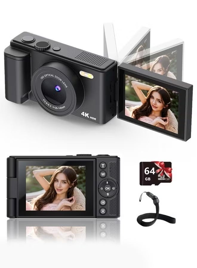 ZONBON 4K Digital Camera for Photography - Autofocus 64MP Vlogging Camera - 180 Degree Flip Screen - 18X Digital Zoom - 4K Record Video - 64GB SD Card - Image 1