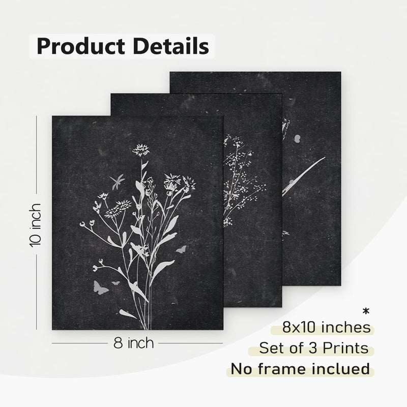 PLKMN PLKMK Vintage Black and White Flower Wall Art Set of 3, Minimalist Botanical Prints, Aesthetic Floral Decor, 8x10 Inch, Unframed - Image 5