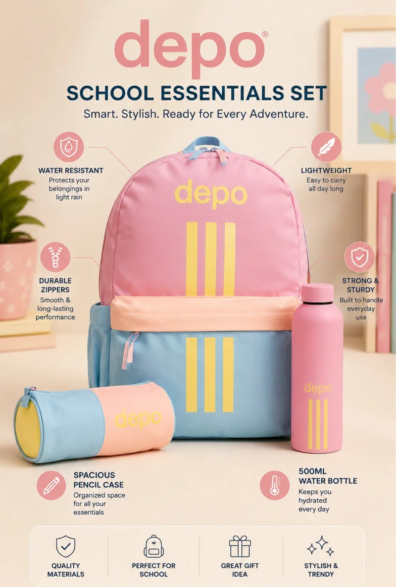 Depo 3-Piece Kids School Backpack Set – 44cm Backpack with Pencil Case & 500ml Stainless Steel Water Bottle | Lightweight, Water-Resistant School Bag for Girls