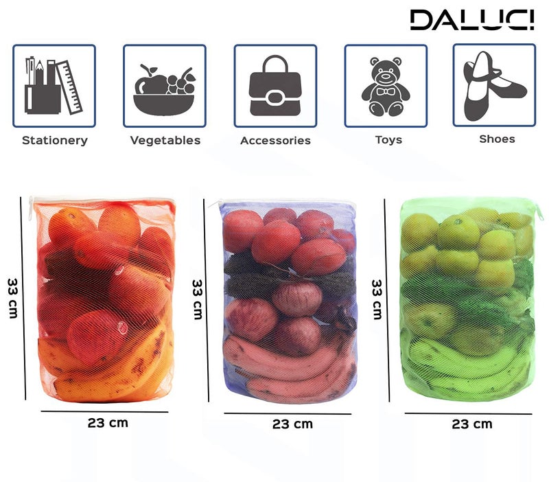 DALUCI Set of 24 Reusable Fridge Storage Bags | Vegetable Bags For Vegetables and Fruits Mesh Net Multipurpose Kitchen Storage Bags Organizer with Sturdy Zipper (9 X 13 Inches | Multicolor) - Image 2