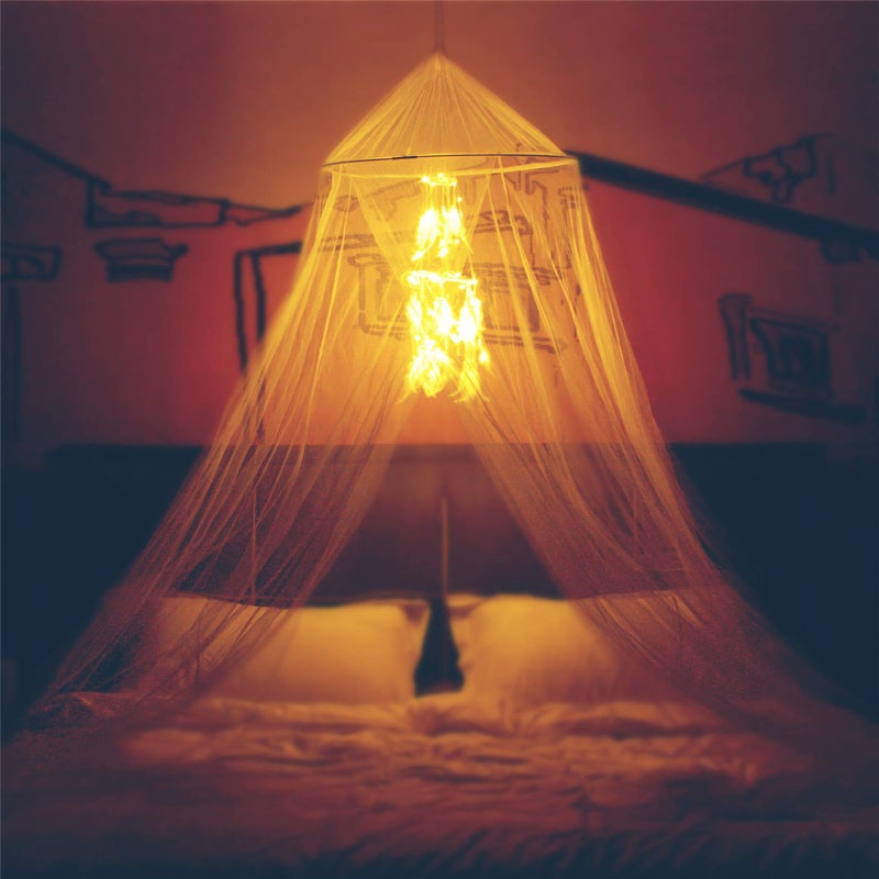 Comtelek Bed Canopy with Double Circle White Feather Dream Catcher and 50 LED Fairy String Lights, Mosquito Net - Unique Style Dome Bed Netting Canopy Curtains Canopy - Suggested for Twin Full Queen King Bed - Image 1
