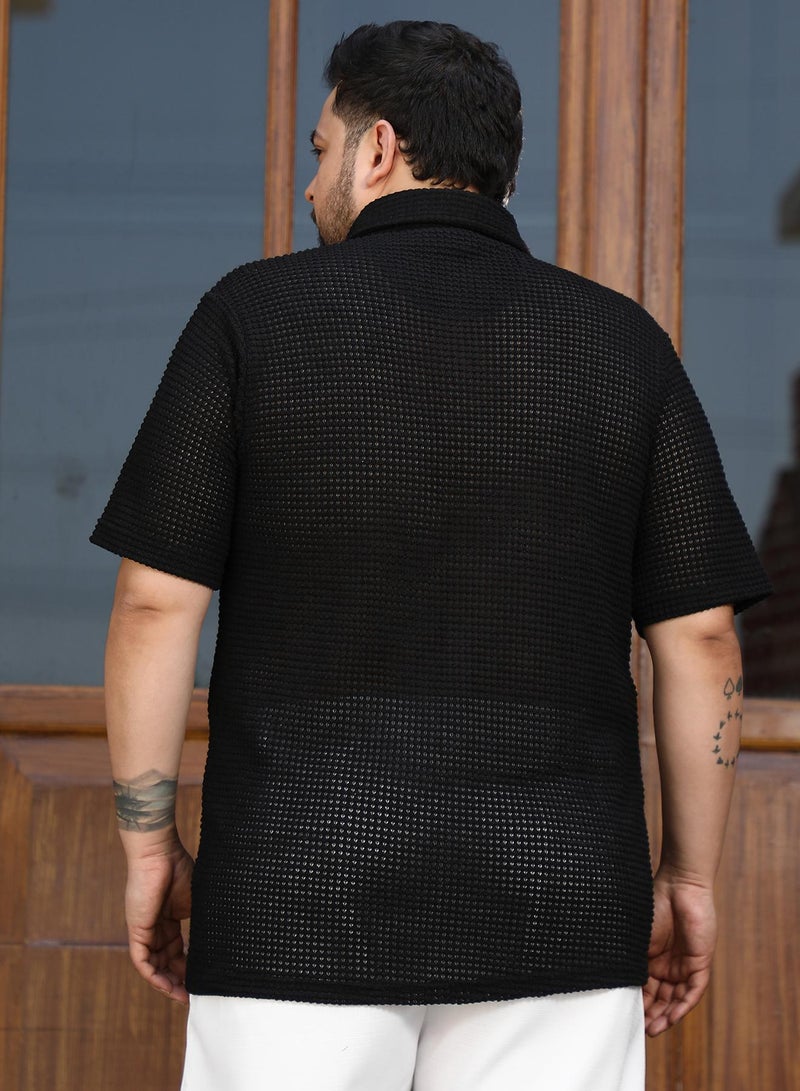 Instafab Plus Men's Onyx Black Solid-Knit Oversized Shirt For Casual Wear | Spread Collar | Short Regular Sleeves | Button Closure | Plus Size Shirt Crafted With Comfort Fit For Everyday Wear - Image 5