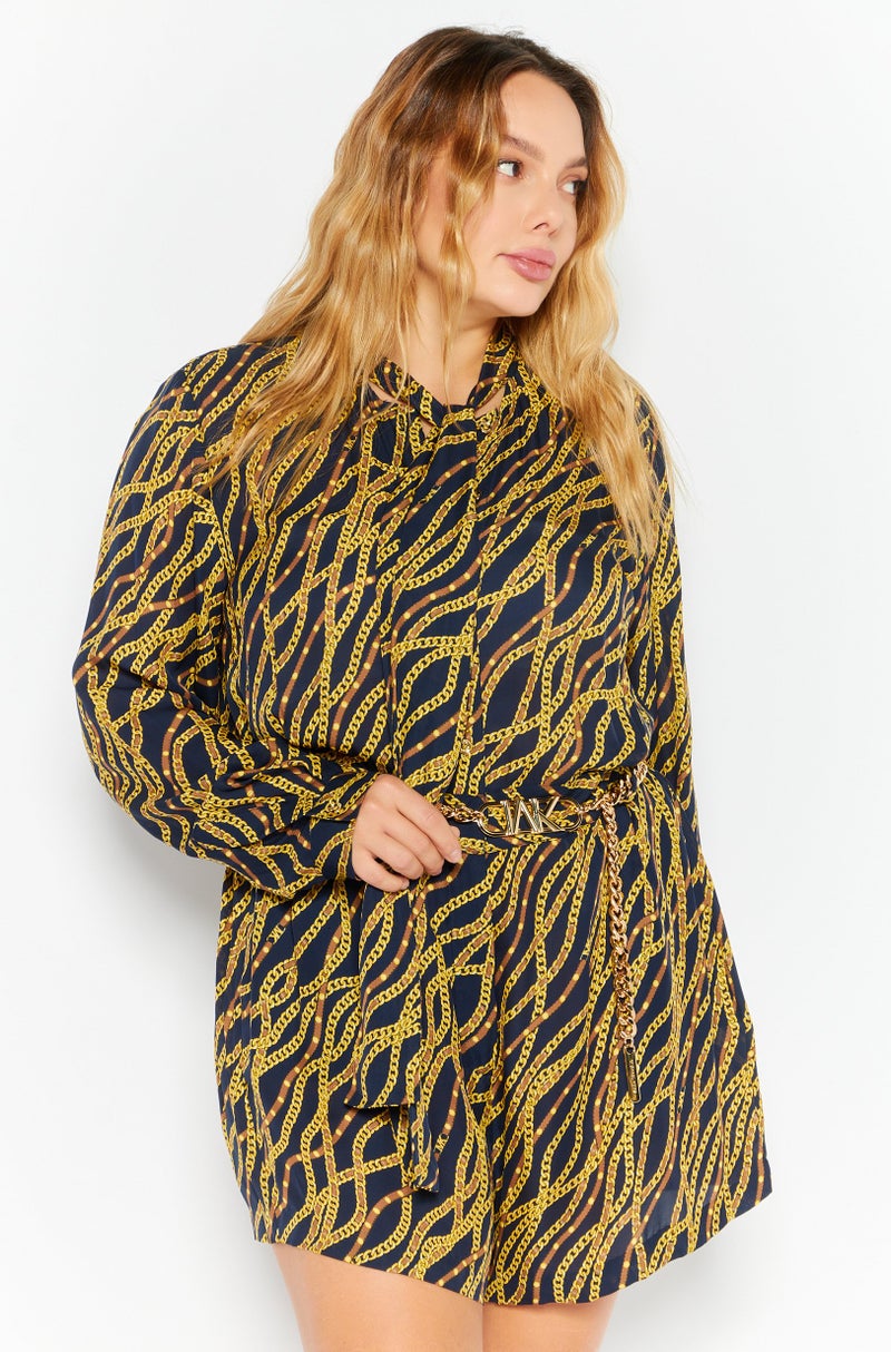 Michael Kors Women Chain Detail Logo Print Long Sleeve Playsuit, Navy Combo - Image 1