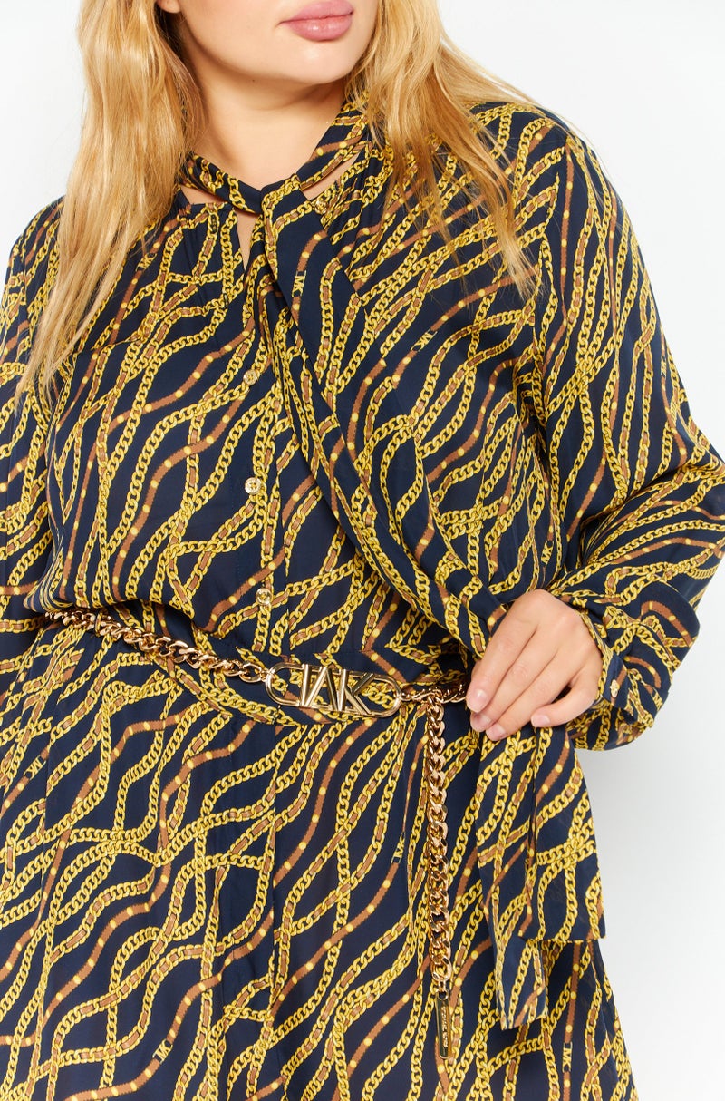 Michael Kors Women Chain Detail Logo Print Long Sleeve Playsuit, Navy Combo - Image 3