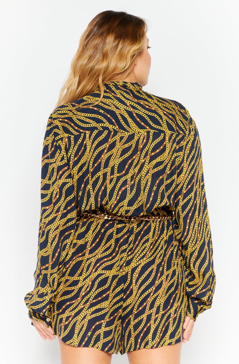 Michael Kors Women Chain Detail Logo Print Long Sleeve Playsuit, Navy Combo - Image 2