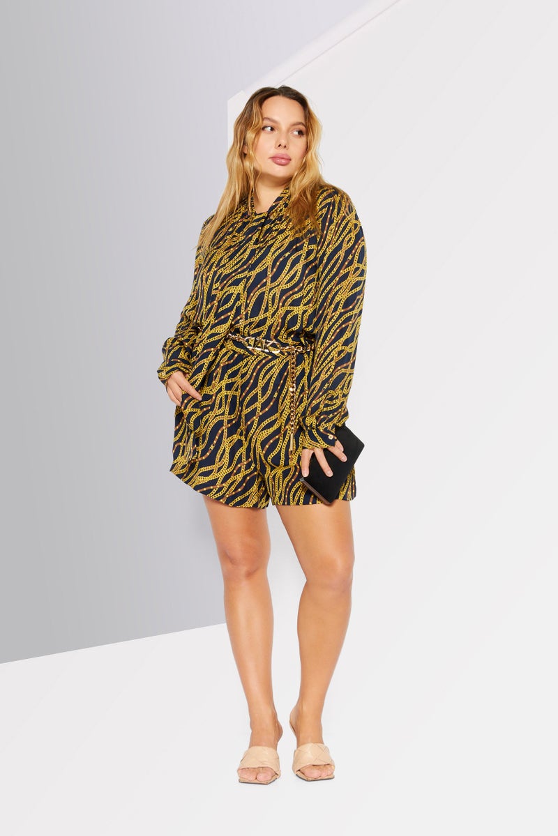 Michael Kors بدلة نسائية بأكمام طويلة وطباعة شعار بتفاصيل سلسلة، مزيج كحلي - Image 4