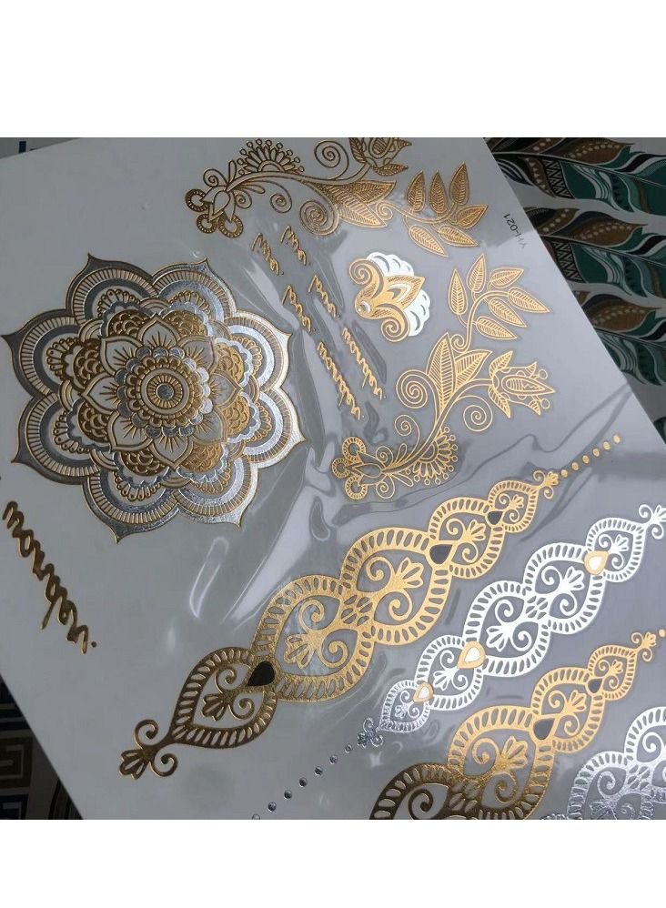 16 Pcs Temporary Tattoo Stickers Gold Tattoo Stickers Waterproof Gold Shiny Tattoo Stickers - Image 4