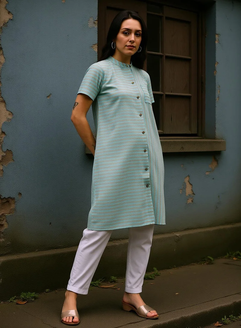 QISSA Qissa Women's Mint Green Horizontal Candy-Striped Kurta For Ethnic Wear | Mandarin Collar, Short Regular Sleeves | Stripes Plain Fabric | 1 Piece Kurta Designed For Casual & Daily Wear