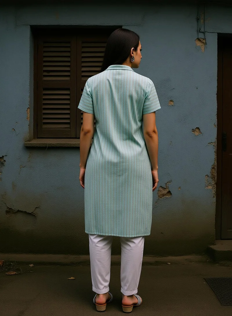 Qissa  Qissa Women's Mint Green Horizontal Candy-Striped Kurta For Ethnic Wear | Mandarin Collar, Short Regular Sleeves | Stripes Plain Fabric | 1 Piece Kurta Designed For Casual & Daily Wear for Women | Best Price UAE