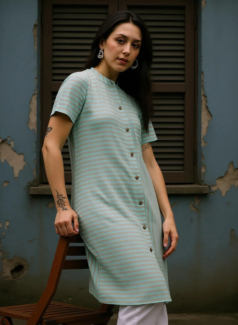 QISSA Qissa Women's Mint Green Horizontal Candy-Striped Kurta For Ethnic Wear | Mandarin Collar, Short Regular Sleeves | Stripes Plain Fabric | 1 Piece Kurta Designed For Casual & Daily Wear