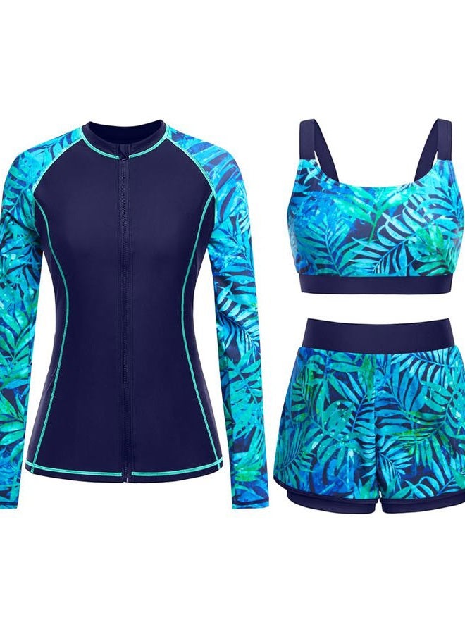 Daci 3 Piece Rash Guard for Women - Long Sleeve Swimsuits with Shorts SPF Zip up Swim Shirt with Built in Bra, Navy Leaves, L - Image 1