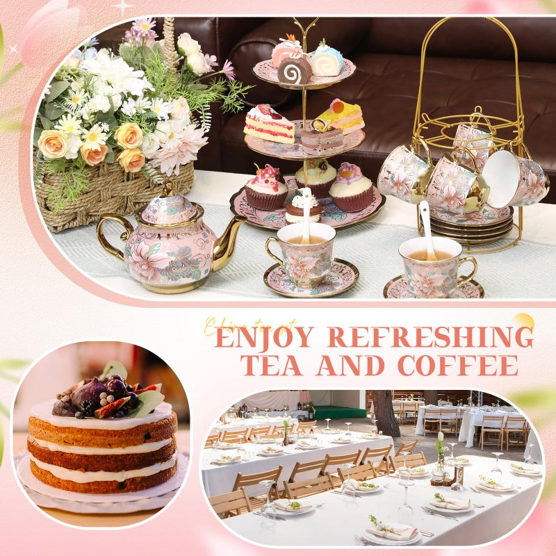 Suttmin 21 Pcs Ceramic Teapot Set Vintage Porcelain Tea Cups with Metal Holder and High Tier Cupcake Stand Saucers for Women Girls Farmhouse European Weddings Party Decor Gifts(Pink,Spring) - Image 5