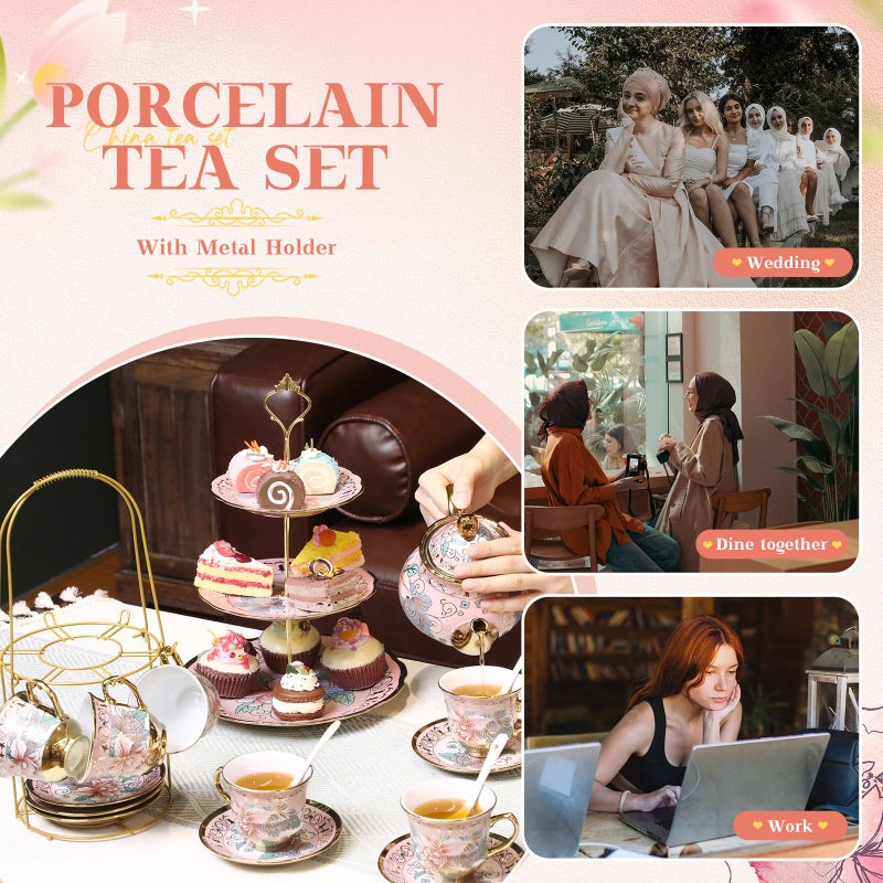 Suttmin 21 Pcs Ceramic Teapot Set Vintage Porcelain Tea Cups with Metal Holder and High Tier Cupcake Stand Saucers for Women Girls Farmhouse European Weddings Party Decor Gifts(Pink,Spring) - Image 4