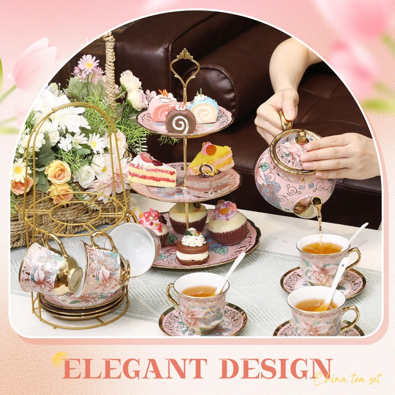Suttmin 21 Pcs Ceramic Teapot Set Vintage Porcelain Tea Cups with Metal Holder and High Tier Cupcake Stand Saucers for Women Girls Farmhouse European Weddings Party Decor Gifts(Pink,Spring) - Image 3