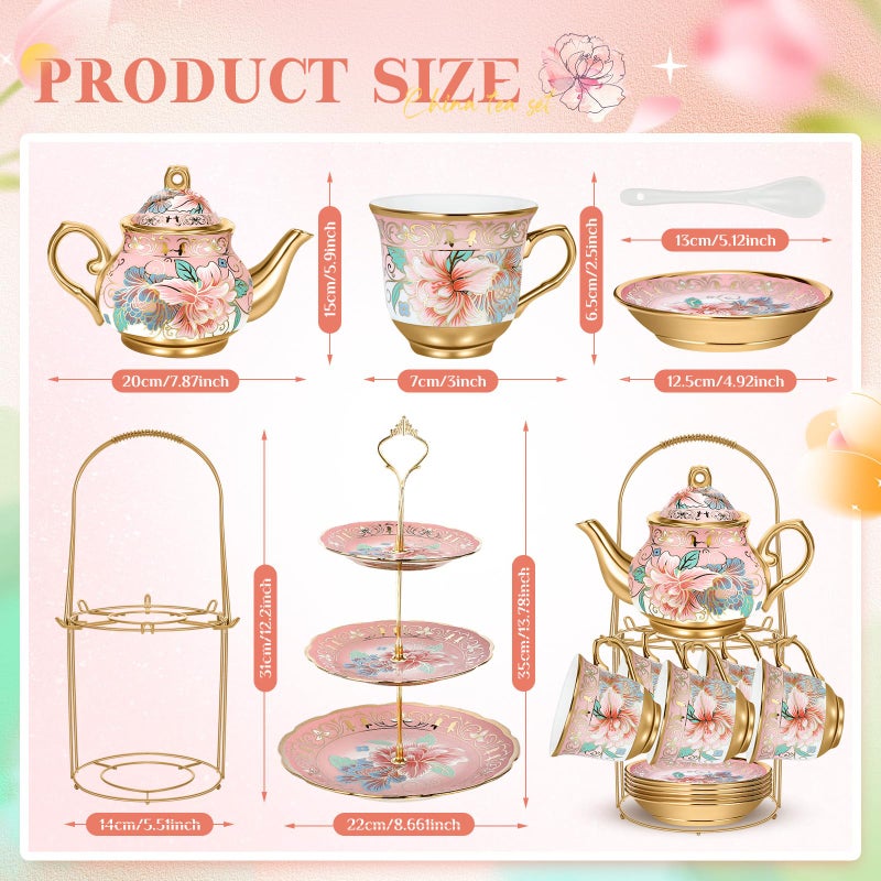Suttmin 21 Pcs Ceramic Teapot Set Vintage Porcelain Tea Cups with Metal Holder and High Tier Cupcake Stand Saucers for Women Girls Farmhouse European Weddings Party Decor Gifts(Pink,Spring) - Image 2