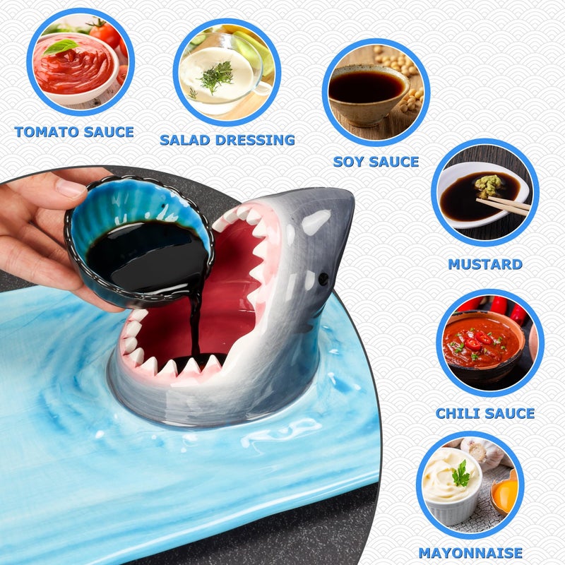 FUNGYAND Shark Sushi Plate â€“ Hand-Painted Ceramic, Lead-Free & Food-Safe, 3-in-1 Multi-Functional Design, Includes 40 Shark Sticks, Microwave/Oven/Freezer/Dishwasher Safe â€“ Ideal for Sushi Lovers - Image 3