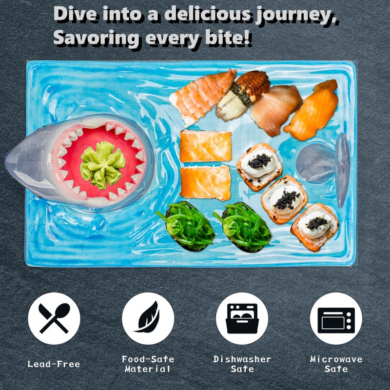 FUNGYAND Shark Sushi Plate â€“ Hand-Painted Ceramic, Lead-Free & Food-Safe, 3-in-1 Multi-Functional Design, Includes 40 Shark Sticks, Microwave/Oven/Freezer/Dishwasher Safe â€“ Ideal for Sushi Lovers - Image 4