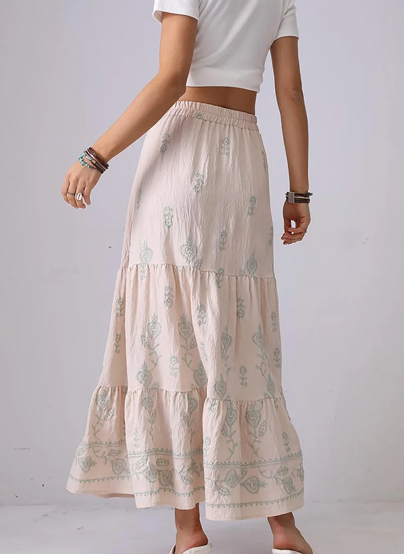 YUNIQEE Off White Self Design Flared Midi LengthFloral Print Skirts