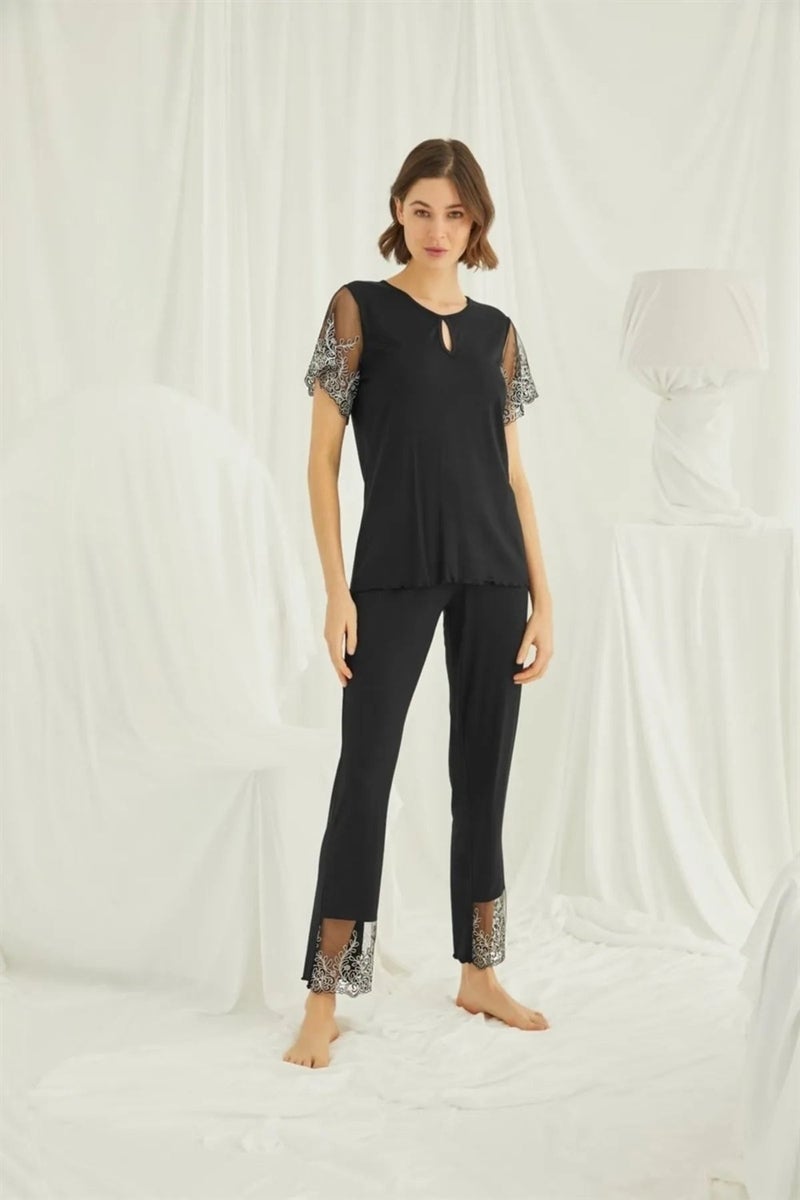 Monamise 19193 Women's Short Sleeve Pajama Set-Black  - Image 3