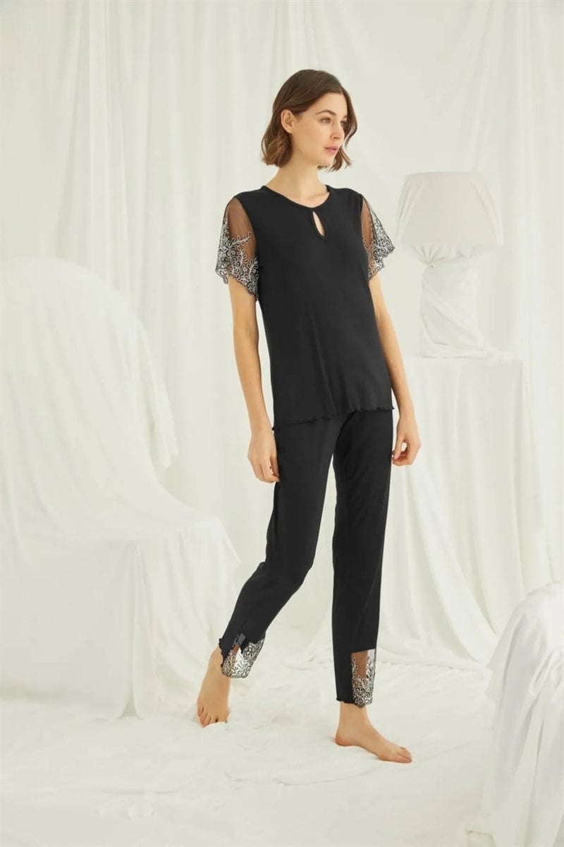 Monamise 19193 Women's Short Sleeve Pajama Set-Black  - Image 4