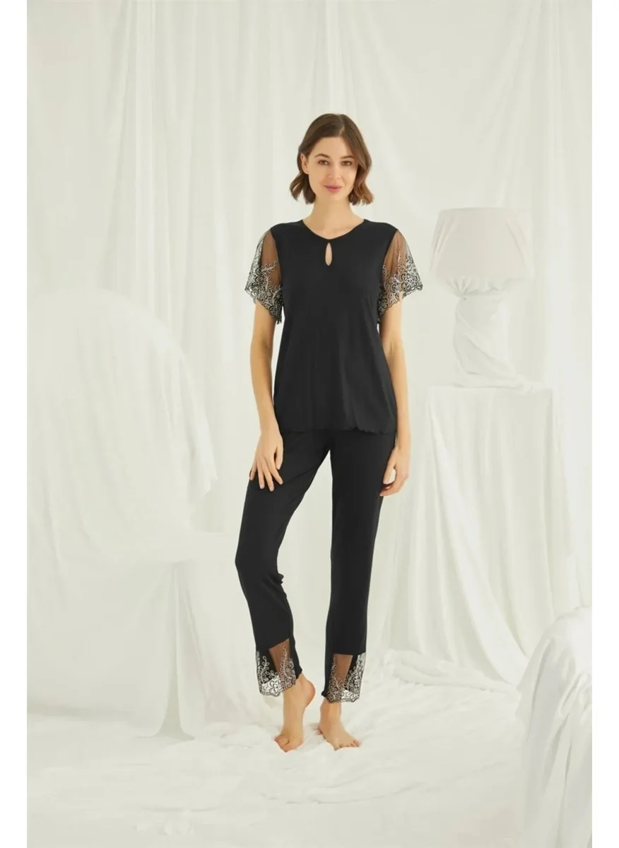 Monamise 19193 Women's Short Sleeve Pajama Set-Black