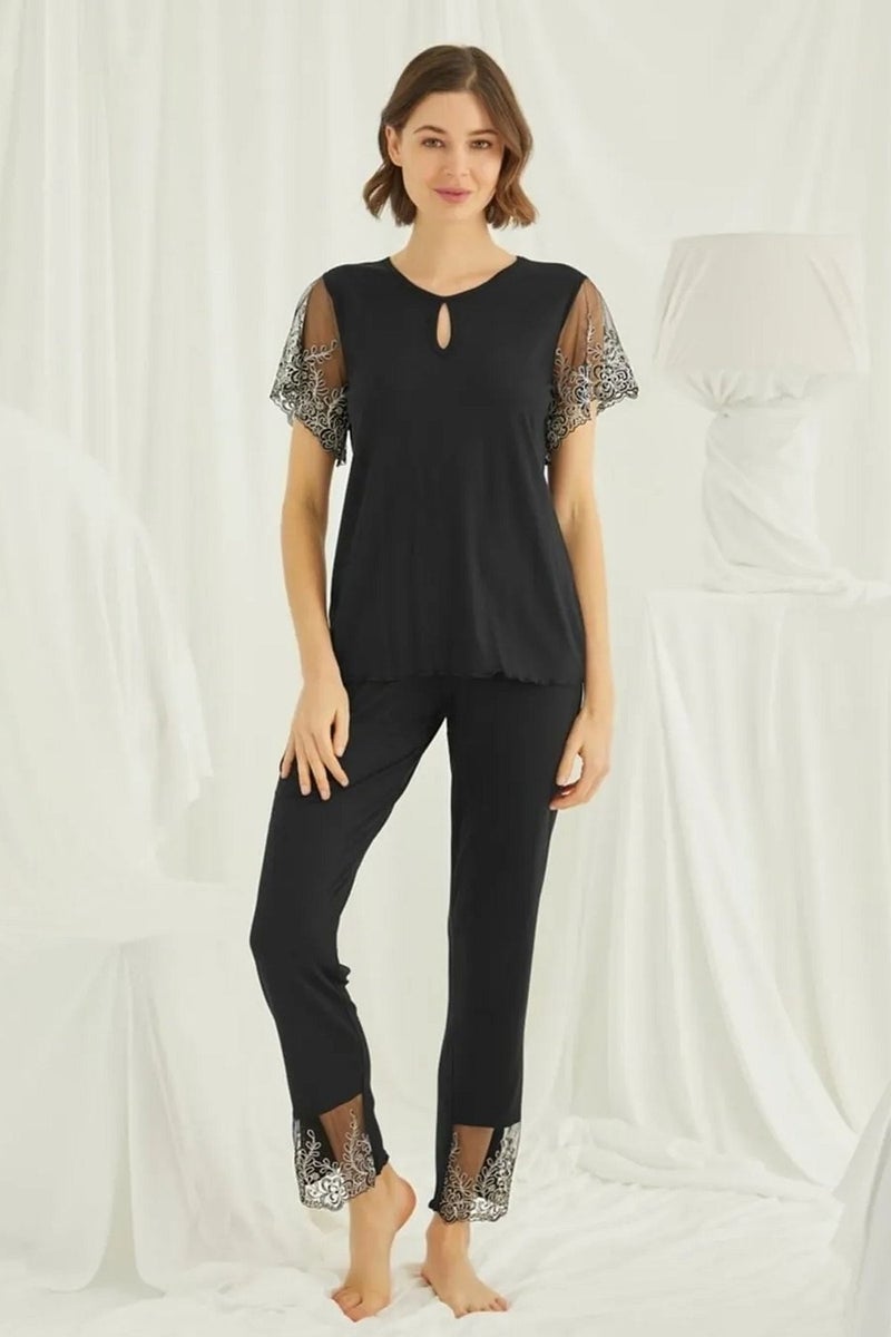 Monamise 19193 Women's Short Sleeve Pajama Set-Black  - Image 1