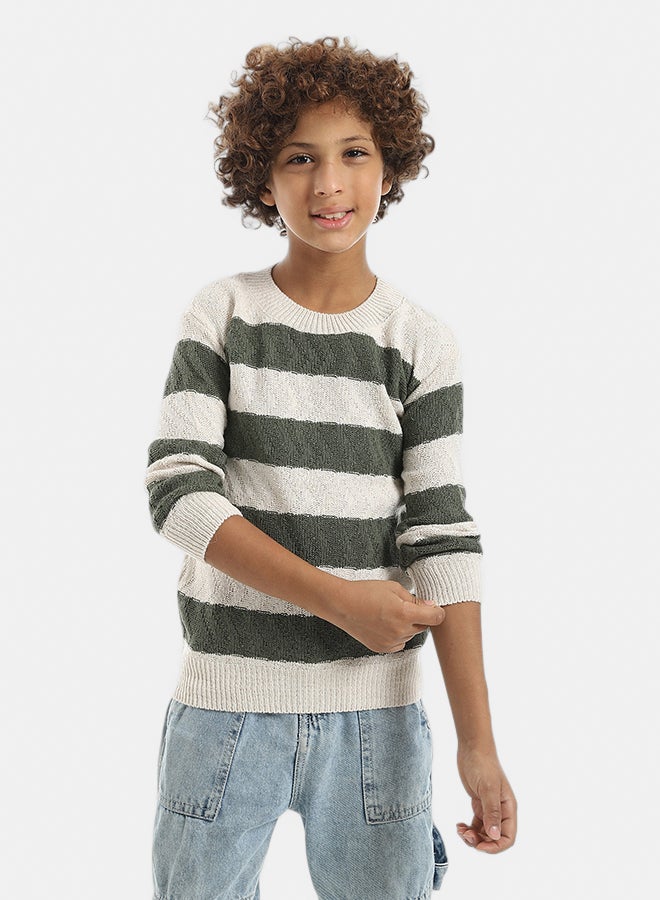 Andora Knitted Strapped Self Patterened Crew Neck Pullover _ Brown & Creamy - Image 1