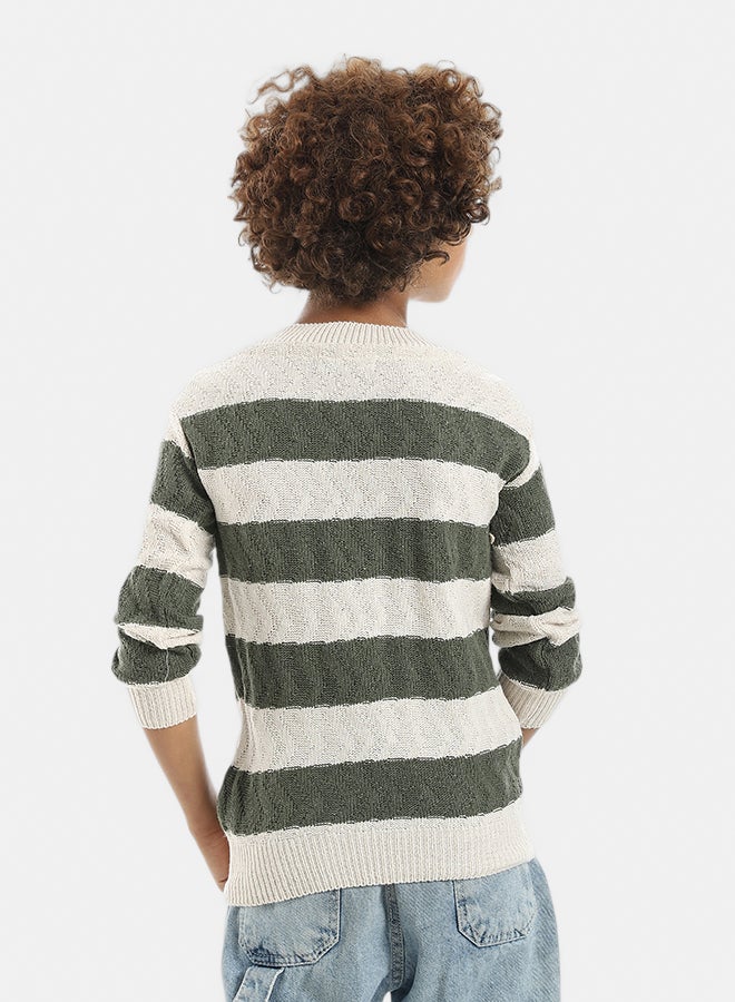 Andora Knitted Strapped Self Patterened Crew Neck Pullover _ Brown & Creamy - Image 3