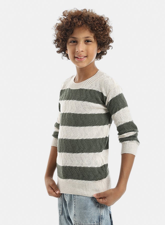 Andora Knitted Strapped Self Patterened Crew Neck Pullover _ Brown & Creamy - Image 2