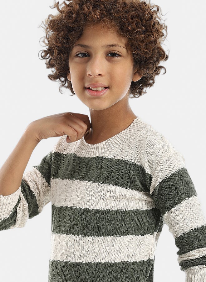 Andora Knitted Strapped Self Patterened Crew Neck Pullover _ Brown & Creamy - Image 4