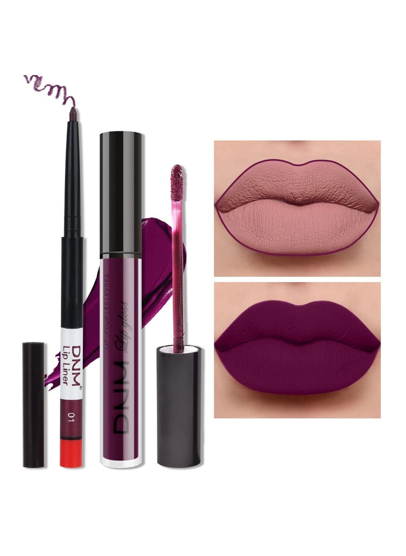 AMY'S DIARY - 2pcs Matte Dark Purple Lip Liner and Lipstick Makeup Set, burgundy Matte Lipstick 24H and Lip Liner Set Deep Berry Matt Lip Gloss Waterproof Long Lasting Lip Liner Lipstick Set Dark Colors (#01) - Image 1