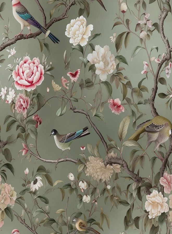 REDAMANCY Vintage Tea Green/Pink/White Floral Plants Birds Butterfly Peel and Stick Wallpaper Stick on Contact Paper Vintage Wall Paper Easy Peel Off for nightstand Drawer Cabinet Renter - Image 1