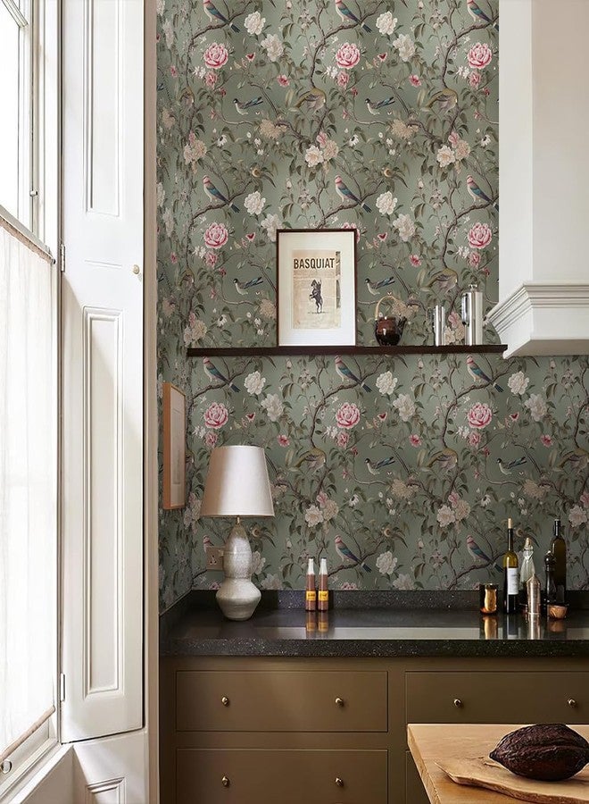 REDAMANCY Vintage Tea Green/Pink/White Floral Plants Birds Butterfly Peel and Stick Wallpaper Stick on Contact Paper Vintage Wall Paper Easy Peel Off for nightstand Drawer Cabinet Renter - Image 5