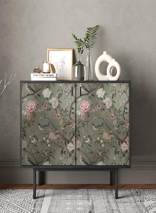 REDAMANCY Vintage Tea Green/Pink/White Floral Plants Birds Butterfly Peel and Stick Wallpaper Stick on Contact Paper Vintage Wall Paper Easy Peel Off for nightstand Drawer Cabinet Renter - Image 4