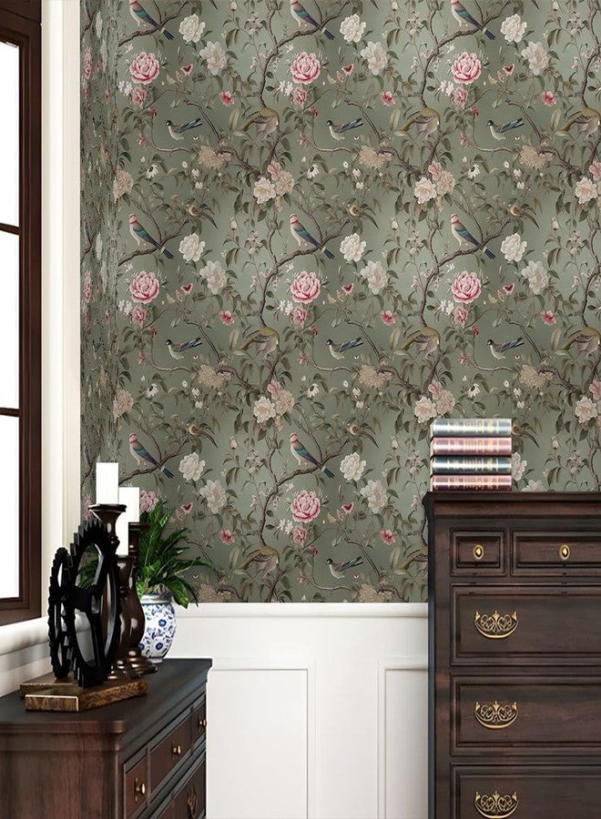 REDAMANCY Vintage Tea Green/Pink/White Floral Plants Birds Butterfly Peel and Stick Wallpaper Stick on Contact Paper Vintage Wall Paper Easy Peel Off for nightstand Drawer Cabinet Renter - Image 2