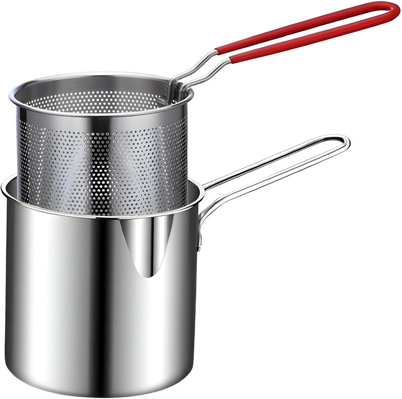 Multipurpose Cooking Pot - Stainless steel deep fryer with built-in strainer, 1200ml capacity, heat-safe handles for versatile kitchen cooking. - Image 1