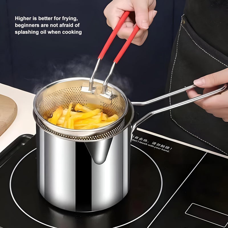 Multipurpose Cooking Pot - Stainless steel deep fryer with built-in strainer, 1200ml capacity, heat-safe handles for versatile kitchen cooking. - Image 2