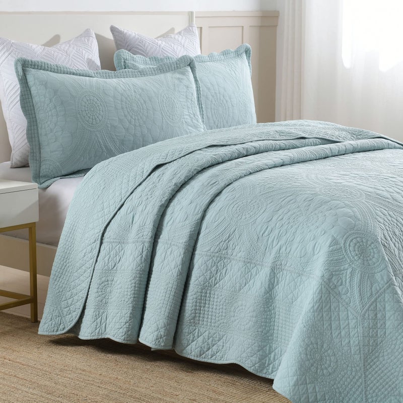 MarCielo 3-Piece 100% Cotton Oversized Bedspread Lightweight Quilt Coverlet Embroidery Farmhouse Bedding (Tf Aruba Blue, Oversized King (118"x106")) - Image 3