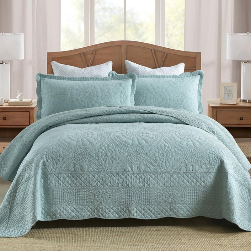 MarCielo 3-Piece 100% Cotton Oversized Bedspread Lightweight Quilt Coverlet Embroidery Farmhouse Bedding (Tf Aruba Blue, Oversized King (118"x106")) - Image 1