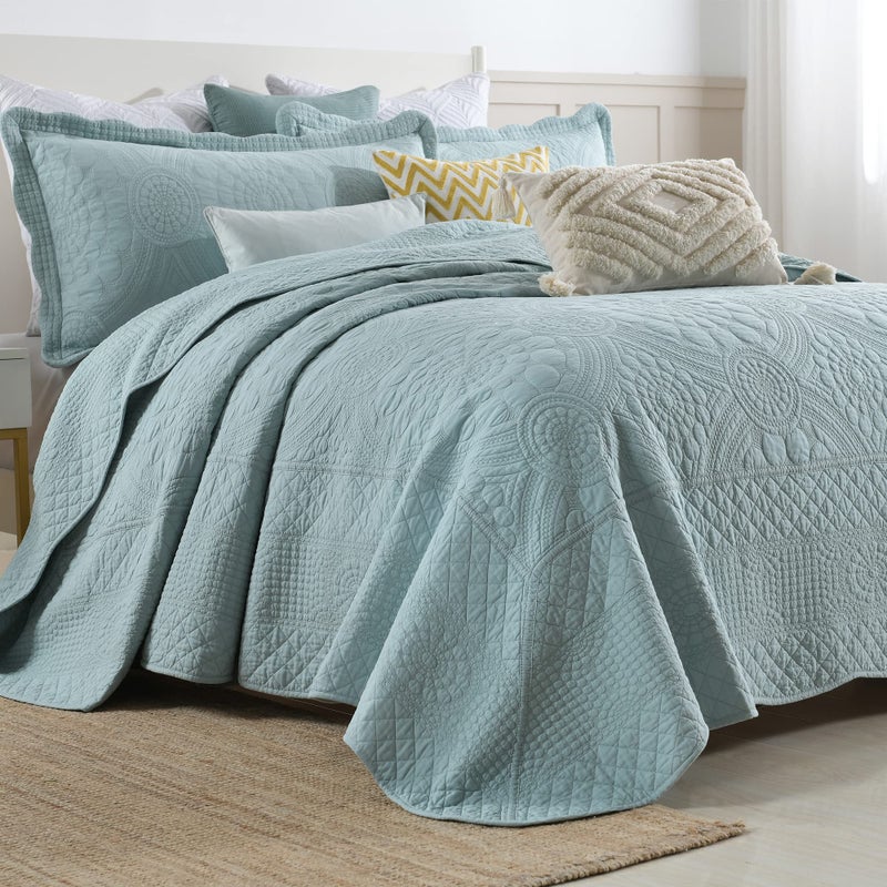 MarCielo 3-Piece 100% Cotton Oversized Bedspread Lightweight Quilt Coverlet Embroidery Farmhouse Bedding (Tf Aruba Blue, Oversized King (118"x106")) - Image 4