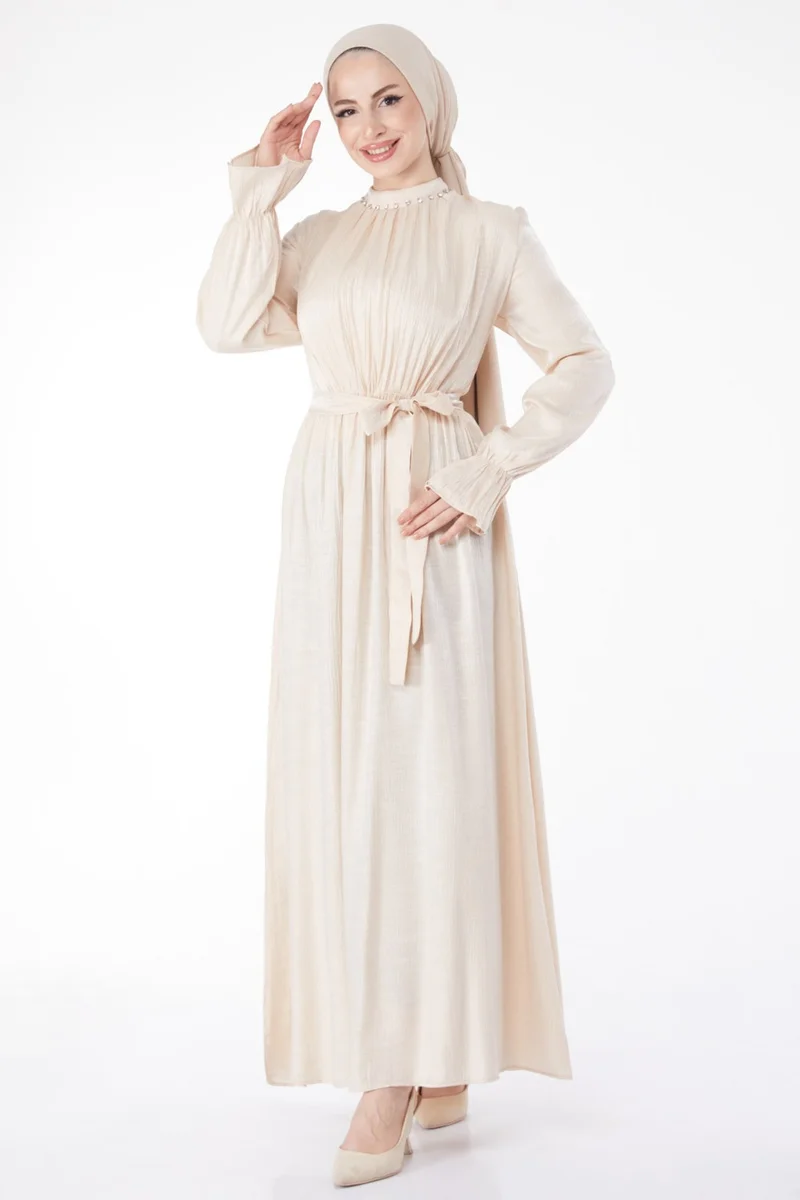 Tofisa Plain Judge Collar Women's Beige Stone Detailed Belted Dress - 25077