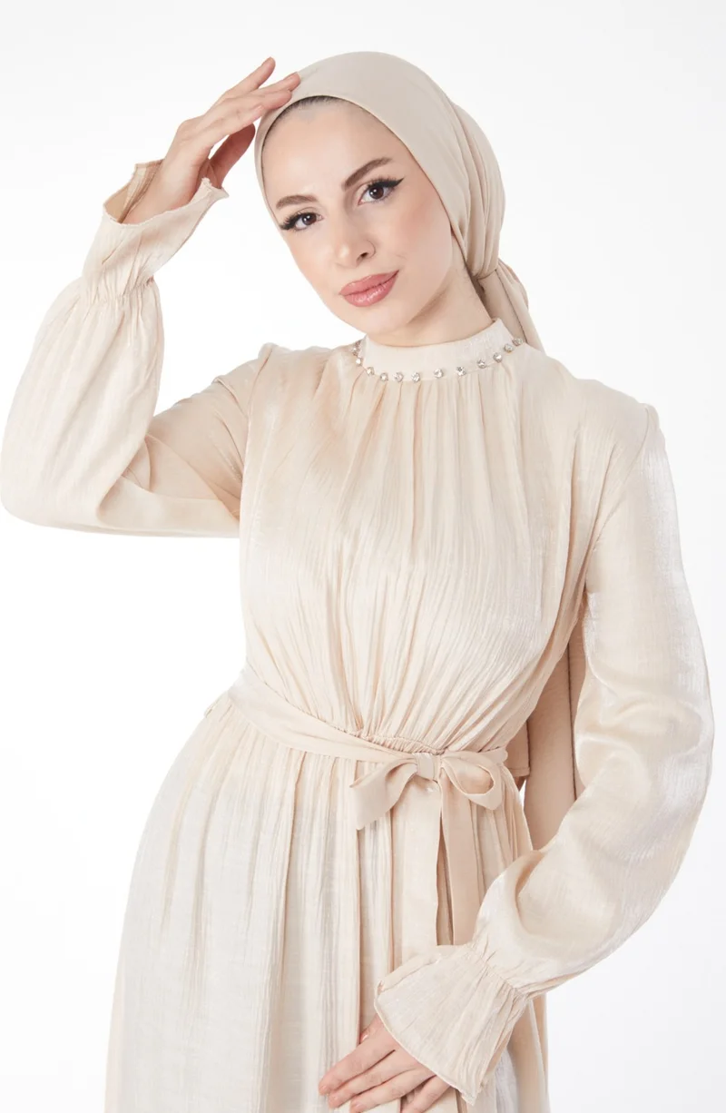 Tofisa Plain Judge Collar Women's Beige Stone Detailed Belted Dress - 25077