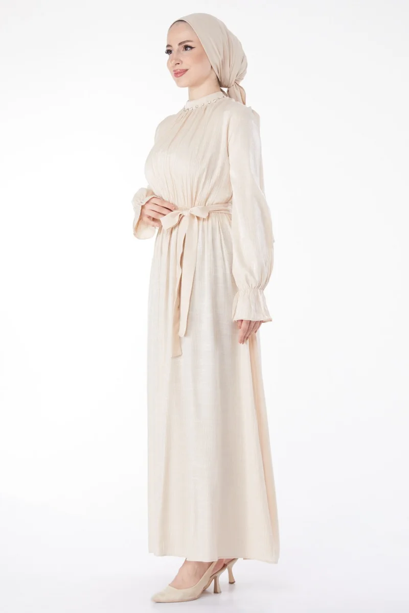 Tofisa Plain Judge Collar Women's Beige Stone Detailed Belted Dress - 25077