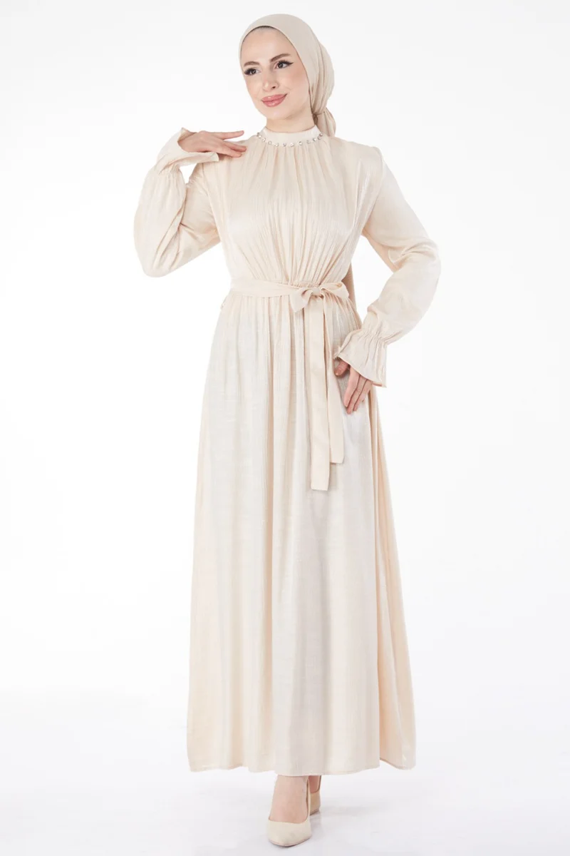 Tofisa Plain Judge Collar Women's Beige Stone Detailed Belted Dress - 25077