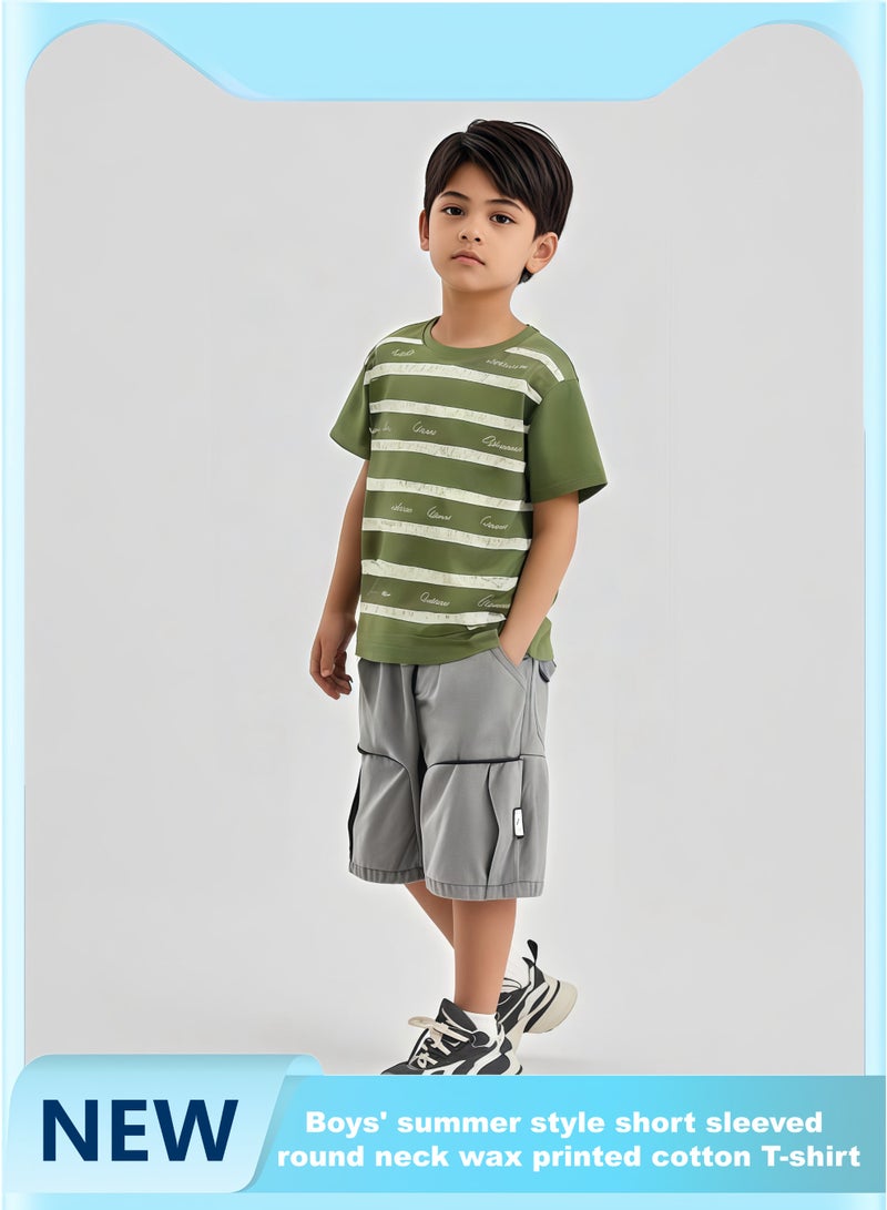 Boys' summer short-sleeved round-neck wax-printed Korean cotton T-shirt for mid - and older children - Image 1