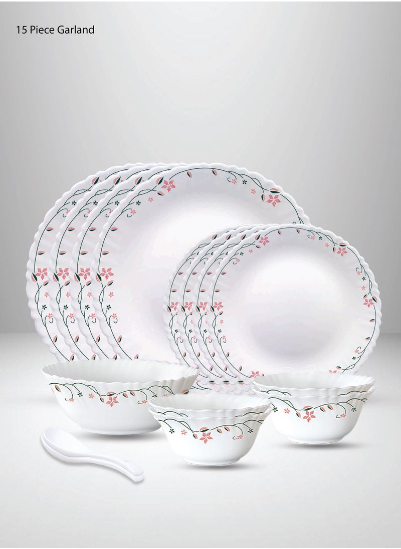 British Chef 15 Pieces Opalware Dinner Set | Microwave & Dishwasher Safe | Garland Dinnerware set with 4-Piece Dinner Plate, 4-Piece Side Plate, 2-Piece Serving Bowl, 4-Piece Veg Bowl, 2-Piece Spoons-White  - Image 1