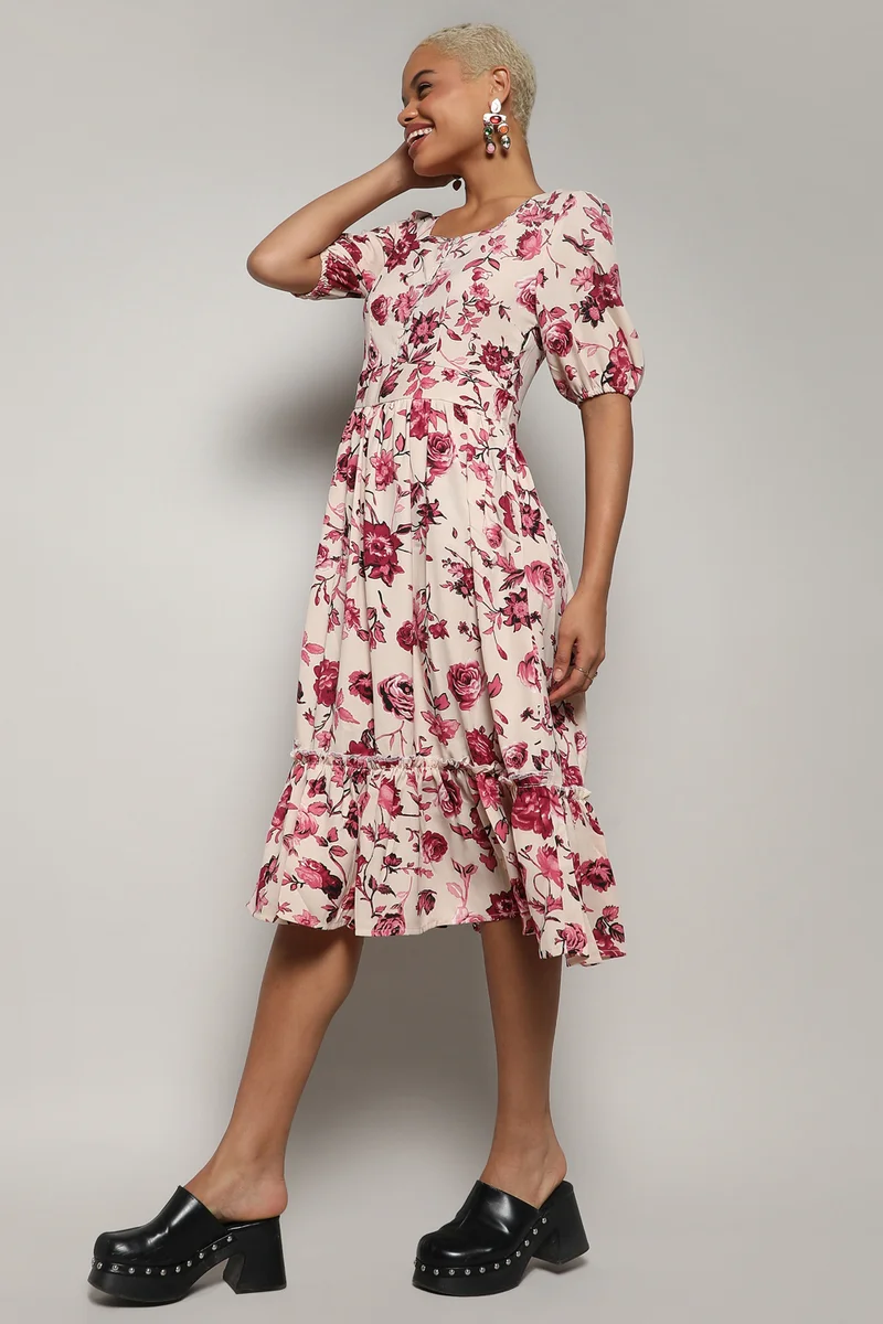 كامبوس سوترا Women's Beige & Red Floral Print Dress With Ruffle Detail