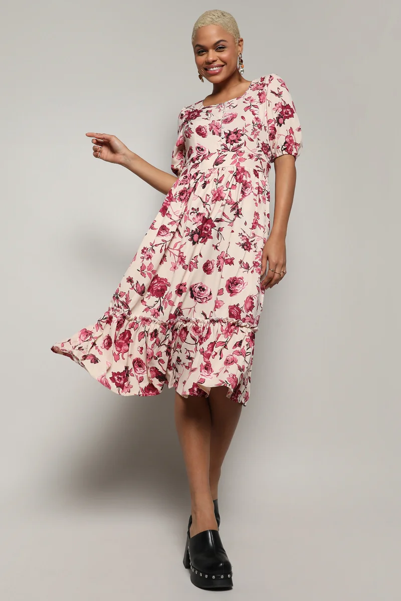 كامبوس سوترا Women's Beige & Red Floral Print Dress With Ruffle Detail