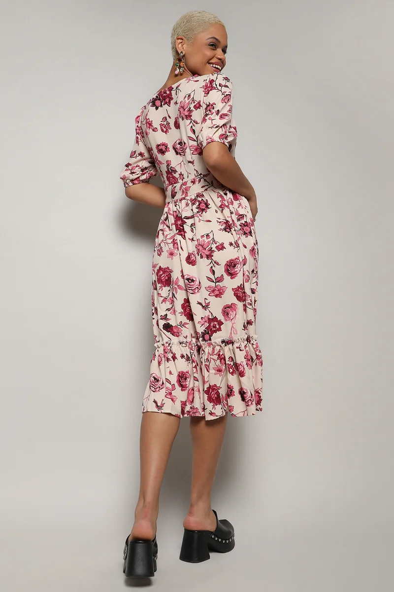 كامبوس سوترا Women's Beige & Red Floral Print Dress With Ruffle Detail