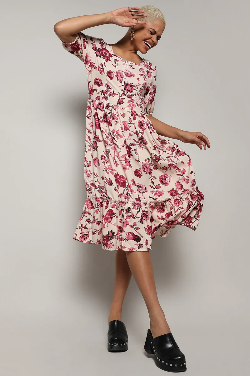 كامبوس سوترا Women's Beige & Red Floral Print Dress With Ruffle Detail